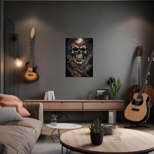 Ein Wohnzimmer mit einem Kunstwerk „Metallische Melodien – Die Verschmelzung von Schädel und E-Gitarre“ an der Wand.