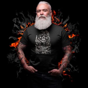 Ein Mann trägt ein Rocklegenden Handzeichen Totenkopfstil - Herrenhemd.