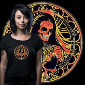 Eine Frau trägt ein schwarzes Damenshirt mit dem Bild eines Totenkopfes im Ewige Melancholie der Dunkelheit-Design.